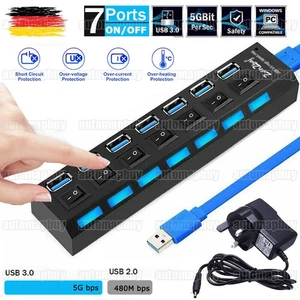 USB 3.0 4/7 Port Splitter Adapter mit Aktiv Netzteil Verteiler für Laptop PC Hub - Bild 1 von 15