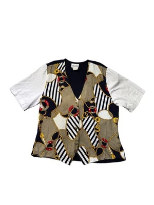 Kathie Lee Collection Women’s 12 Nautical Rope Chain Button Vest Blouse Top Blue - Image 1 of 4