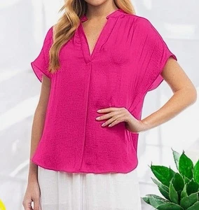 RACHEL Rachel Roy Satin Split Neck Popover Blouse Women’s L Barbie Pink - Picture 1 of 9