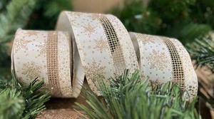 Gold Glitter Snowflakes Wired Edge Ribbon 2.5 Inch Christmas Craft Supplies - Picture 1 of 8