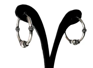 Artisan Silver Hoop Earrings / 925 Sterling Silver /  3/4 inch long - Picture 1 of 4