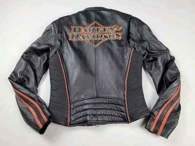 Chaqueta de cuero Harley Davidson para mujer mediana negra naranja vintage motociclista Y2K Foto 1 de 4