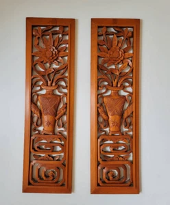 Vintage japanische Blumen handgeschnitzt Holz Panel Wandbehang Set - Bild 1 von 6