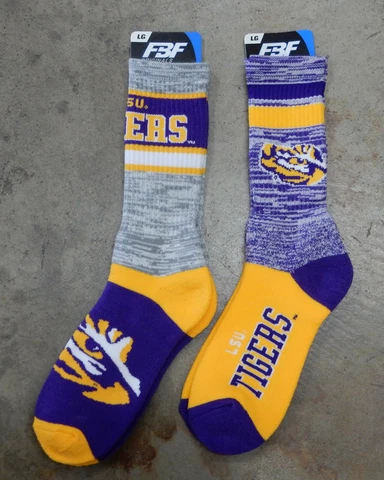 2 Pack NCAA LSU Tigers Large Crew Socks Double Retro Deuce Stripe Fan Gift Cover