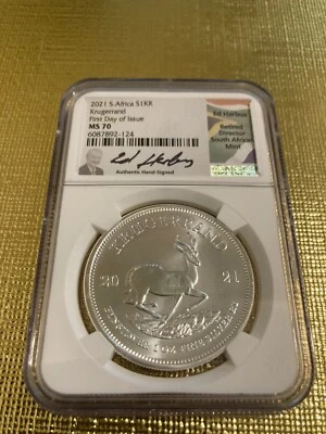 2021 SOUTH AFRICA SILVER KRUGERRAND NGC MS70 FIRST DAY OF ISSUE ED HARBUZ SIGNED - Image 1 of 4