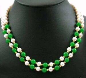 2 Rows 7-8mm Natural White Akoya Pearl & 8mm Green Jade Necklace 17-18'' AA