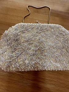 Evening Bag Clutch White Glass Beads on Satin Gold Tone Chain Le Jule Vintage
