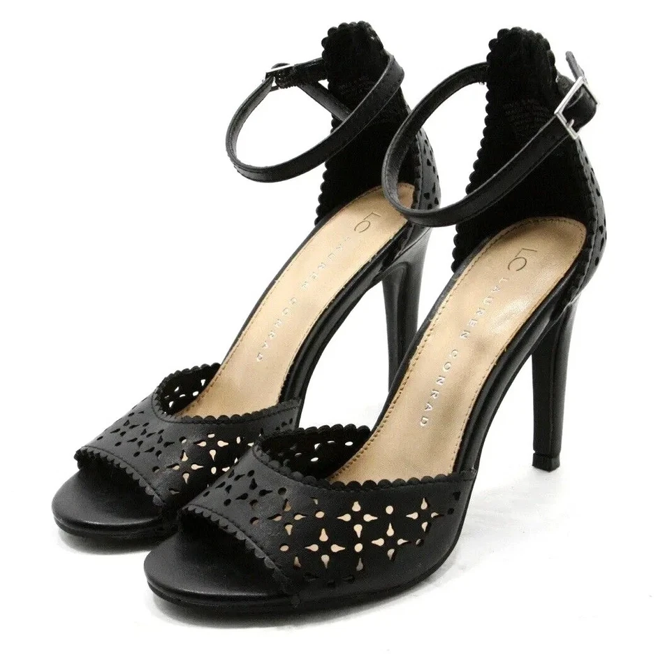 Lauren Conrad 女式黑色皮革露趾经典踝带高跟鞋 6 M 码 — 第 1/4 张图片