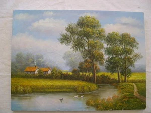 HANDSOME LANDSCAPE OIL PAINTING HOUSE, STREAM, TREES, DUCKS SIGNED - Picture 1 of 8
