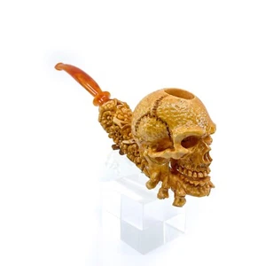S. Yanik Meerschaum Pipe Hand Carved Skull Smoking Pipe with SPC Case - Picture 1 of 10