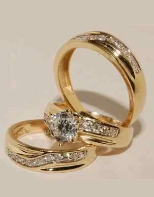 Diamond Lab Created 14K Yellow Gold Fn Trio His/Her Wedding Engagement Ring Set - Image 1 of 3