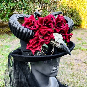 Black Steampunk Gothic Red Rose & Horn Top Hat with Eagle Vintage Hat Halloween - Picture 1 of 5