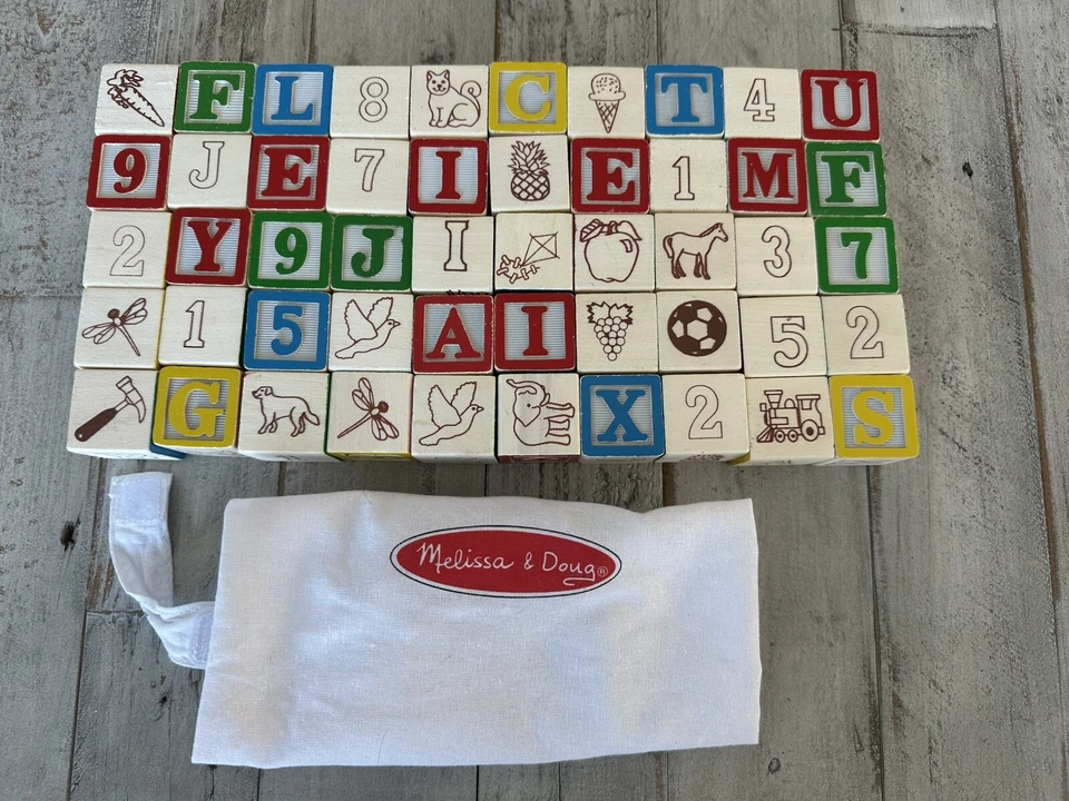 Melissa & Doug Colored Wooden 50 Blocks & Pouch ABC Alphabet Numbers Animals 2+ - Image 1 of 1