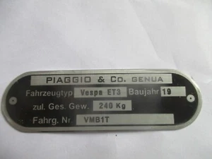 Typenschild Schild ID-plate Vespa piaggio 125 ET3 ET 3 primavera VMB1T S66  - Bild 1 von 1