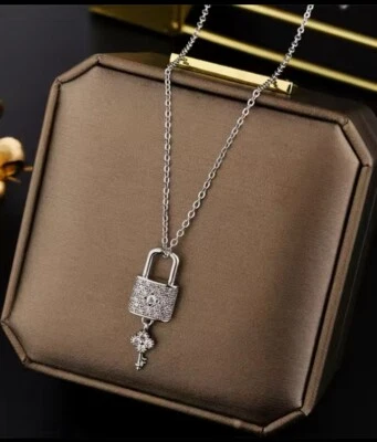 EDELSTAHL HALSKETTE SCHLOSS MIT SCHLÜSSEL  ZIRKONIA SILBER KEIN ANLAUFEN - Bild 1 von 4