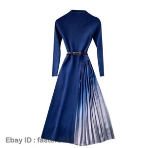 Mujeres Vestido Midi Plisado Manga Larga Columpio Tejido Degradado Retro Elegante Oficina - Imagen 1 de 17