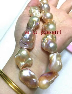 AAAAA REAL NATURAL 17" 30mm south sea baroque gold pink pearl necklace silver - Picture 1 of 5