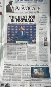 Lane Kiffin LSU Nuevo Entrenador THE ADVOCATE Periódico Baton Rouge La Edición 12/2/25 - Imagen 1 de 2