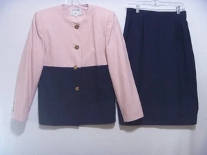 Kasper Suit Womens Size 10 Pink & Navy Blue Blazer & Skirt 2Piece Career Vintage - Picture 1 of 7