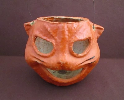 Pulpa de papel maché vintage de Halloween naranja gato Jack-O-Lantern decoración Foto 1 de 4