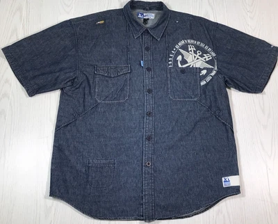 Vintage Akademiks Denim Shirt Mens 2XL Short Sleeve Naval Academy Pockets Y2K - Image 1 of 4
