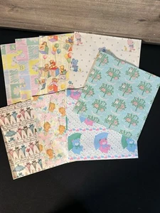 VTG Baby/Shower Wrapped Paper, Lot Of 8 Pieces 7 Designs 29”x20” - Picture 1 of 8