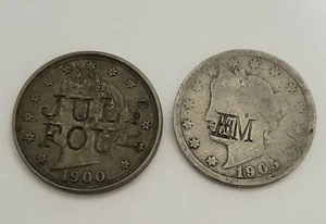 Lot of Two "V Nickel" 1900 & 1905  with Counter Stamped Liberty Coins - Picture 1 of 4