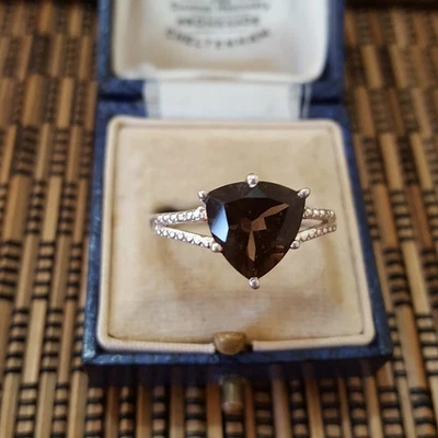 Anillo de Plata de Ley 925, Anillo de Cuarzo Ahumado Genuino, Talla T US 9.5, Gemas de Plata Foto 1 de 4