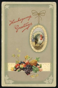 Postcard - Thanksgiving Greetings Turkey Fruit Leaves in Corners c1920 - Picture 1 of 2