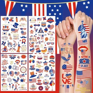 110 Pezzi Tatuaggi Temporanei 4 Luglio, 4 Fogli Formato Viso Patriottico, Oro  - Foto 1 di 7