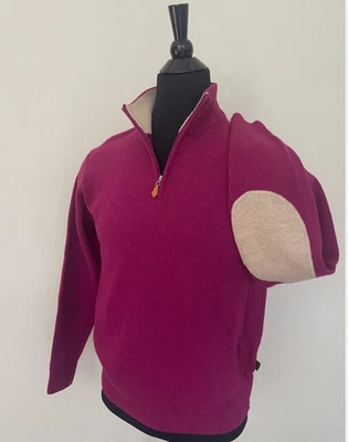 New Hugo Boss Pullover Burgundy Wool 1/4 Zip Sweater Beige Elbow Patches S size - Image 1 of 4