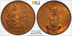 1944 - USA Philippinen One Centavo KM-179 PCGS MS-64 RB Sch-17 - Bild 1 von 4