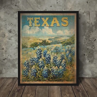Póster de viaje vintage TEXAS BLUEBONNET, decoración floral botánica del estado Foto 1 de 4