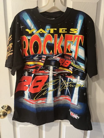 Vtg 90s Nascar Rocket All Over Ernie Irvan t shirt Robert Yates Racing Team Sz L Cover