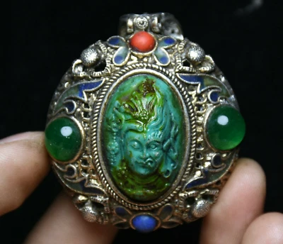 Colgante amuleto cabeza de Buda demonio esmalte jadeíta con incrustación de plata antigua del Tíbet de 6,5 cm   Foto 1 de 4
