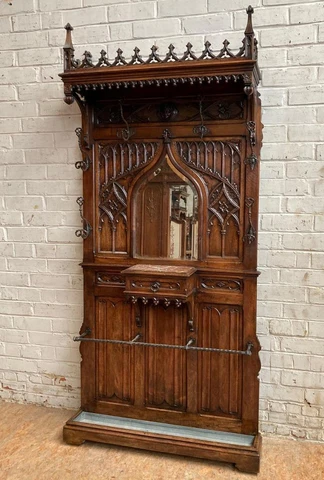 French Antique Gothic Revival Hall Tree/Coat/Hat Rack in Walnut Wood Cover