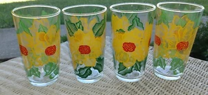 Glasses Drinking Vintage Set of 4 Clear Glass w Yellow Flowers Green Leaves   18 - Picture 1 of 6