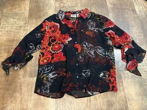 Camisa con botones Chico's Design para mujer talla 3 seda ligera negra roja transparente - Imagen 1 de 4