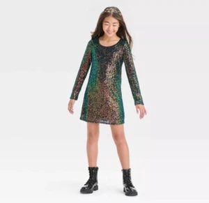 NWT~ Art Class sz S 6/7 Girls long Sleeve Sequins Party Dress Green Copper L4 - Picture 1 of 6