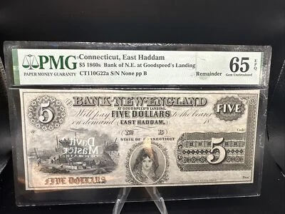 $5 1860s East Haddam, CT Bank Of New England - PMG 65 EPQ - Remainder - Image 1 of 4