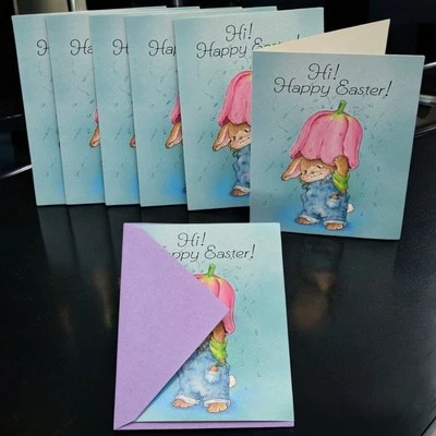 7 tarjetas de felicitación de Pascua AGC vintage sin usar monos de conejito vestido paraguas de tulipán Foto 1 de 4