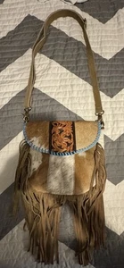 Leather Crossbody Bag W/Hsir On Cowhide Teal Lacing & Fringe NEW - Picture 1 of 14