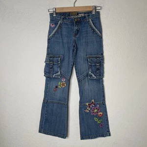 1989 Place bestickt Blumen Cargo Tasche Bootcut Mädchen Jeans Gr. 8 Nieten Y2K - Bild 1 von 19