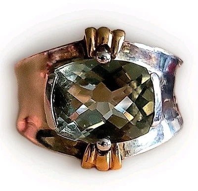 Anillo Prasiolita Verde Corte Cojín Plata de Ley 925 Talla 8.5 Peso 9.63 gr. Foto 1 de 4