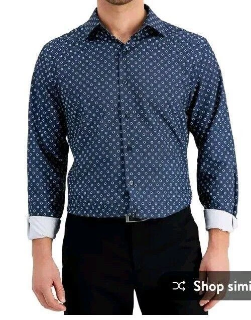 Alfani Men's Slim Fit Geoprint Dress Shirt Navy /White 15/15.5-34/35