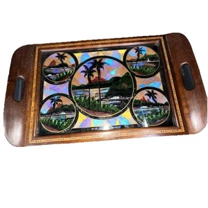 Vintage brasilianisches Rio de Janeiro Schmetterlingsflügel Holz Intarsien Tablett 1940’s - Bild 1 von 11