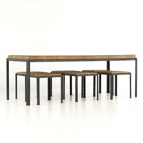 Danny Ho Fong Mid Century Iron and Cane Dining Table with 6 Stools Cover
