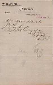 1895 Billhead W. H O'Neil Hardware Deer Lodge Montana - Picture 1 of 5