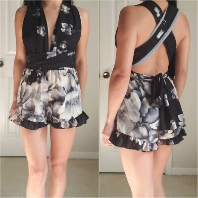 Papaya Black White Floral Multiway Convertible Wrap Infinity Romper Size S - Image 1 of 4