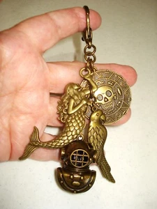 5 1/4" Drop Mermaid, Helmet, Parrot, faux Pirate Coin Ocean Life Brass Key Ring - Picture 1 of 11